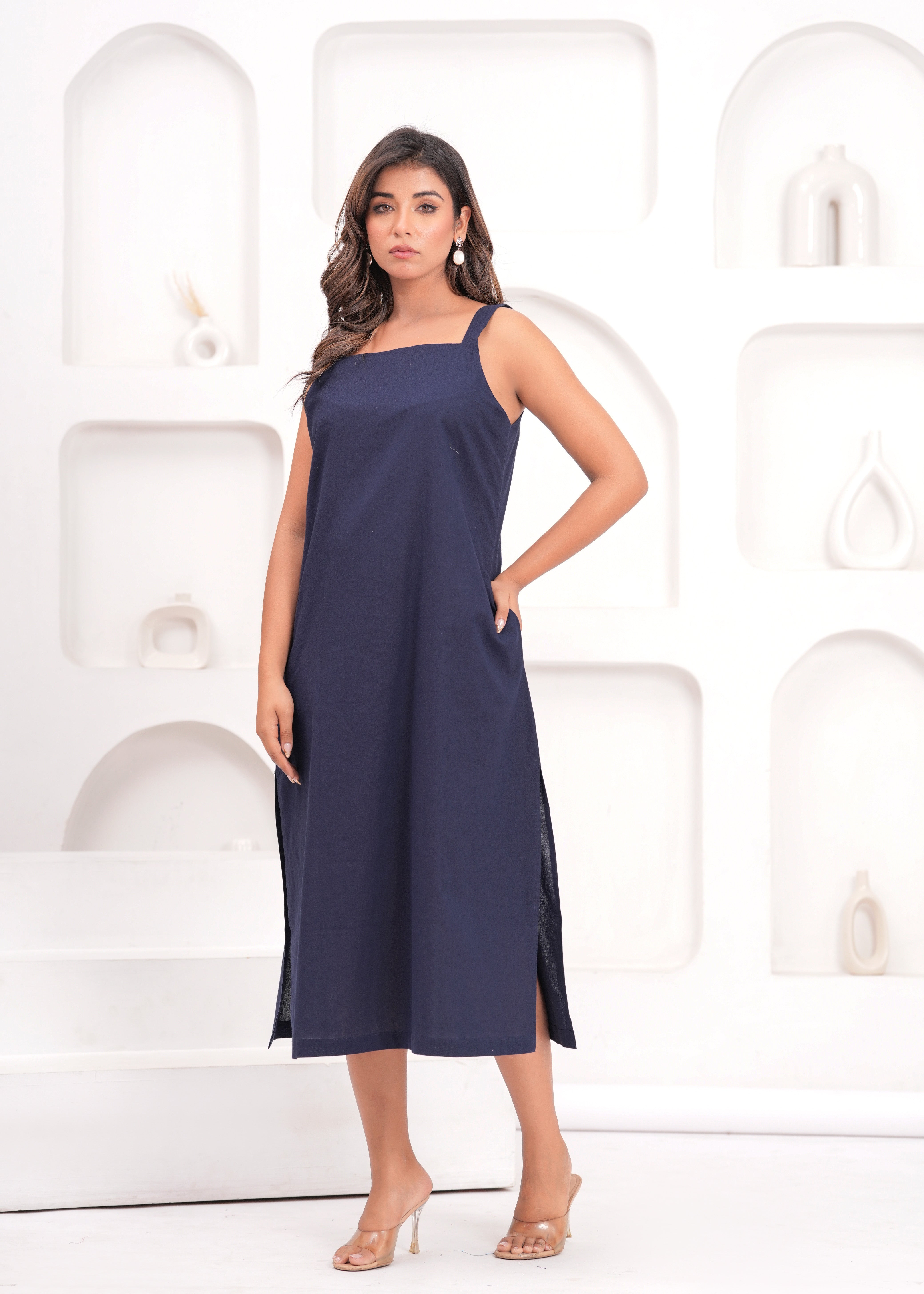 Navy Blue Solid Strappy Dress